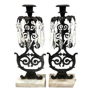 Antique Girandole Candlesticks With Crystal Prism Pendants - a Pair For Sale