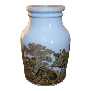 Circa 1880 English Victorian Prattware Pottery Blue Transferware Boar Hunt Scene Motif Mustard Jar For Sale
