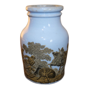 Circa 1880 English Victorian Prattware Pottery Blue Transferware Boar Hunt Scene Motif Mustard Jar