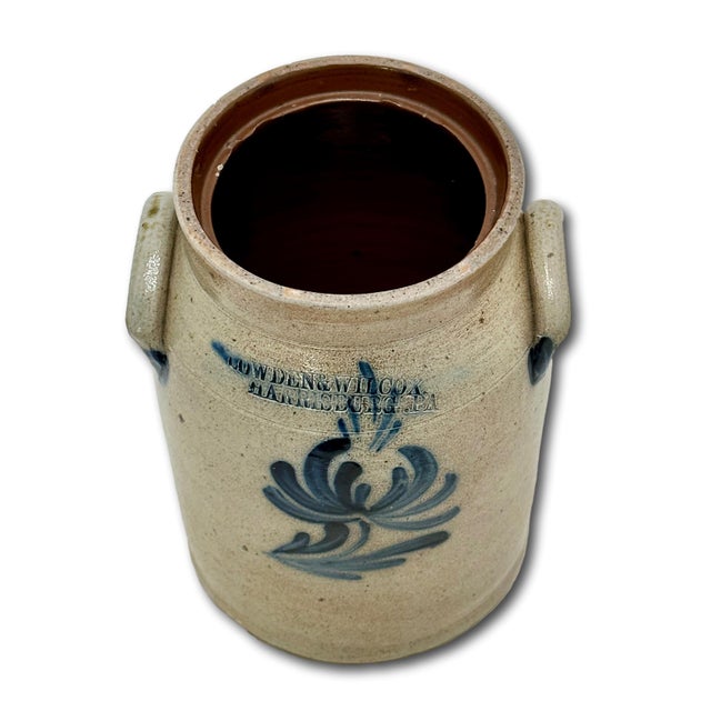 Small 1 Gallon Size Blue Decorated Antique American Stoneware Butter Churn Crock by Cowden & Wilcox Harrisburg Pennsylvania For Sale - Image 9 of 18