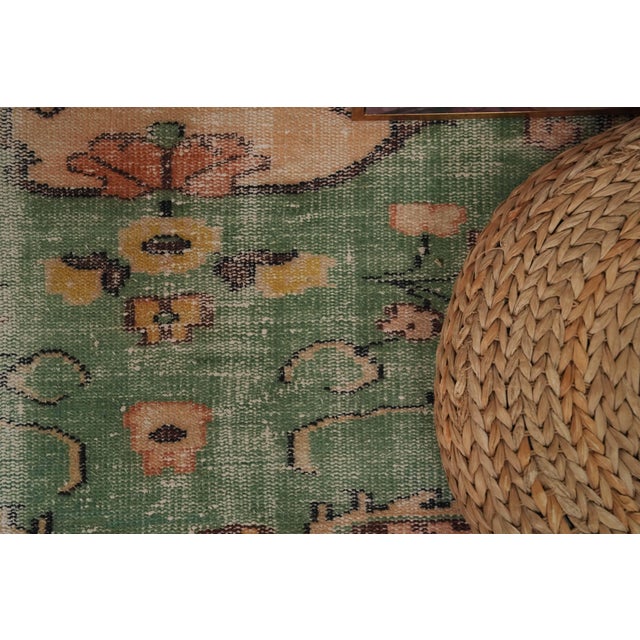 1970s Vintage Turkish Handmade Wool Cotton Green Area Rug For Sale In San Francisco - Image 6 of 12