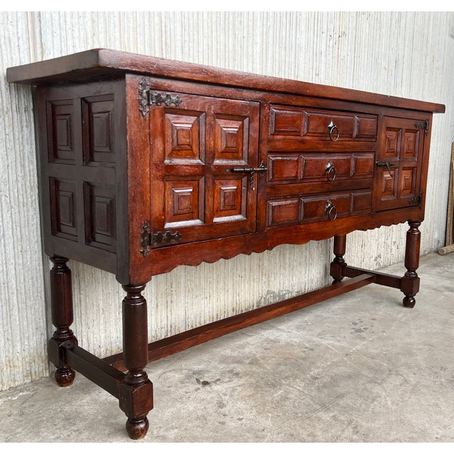 Wood Spanish Buffet With Two Doors and Three Drawers With Original Hardware For Sale - Image 7 of 11