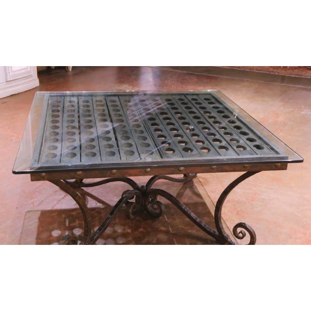 French Mid-Century French Iron and Oak Riddling Board Table With Glass Top For Sale - Image 3 of 15