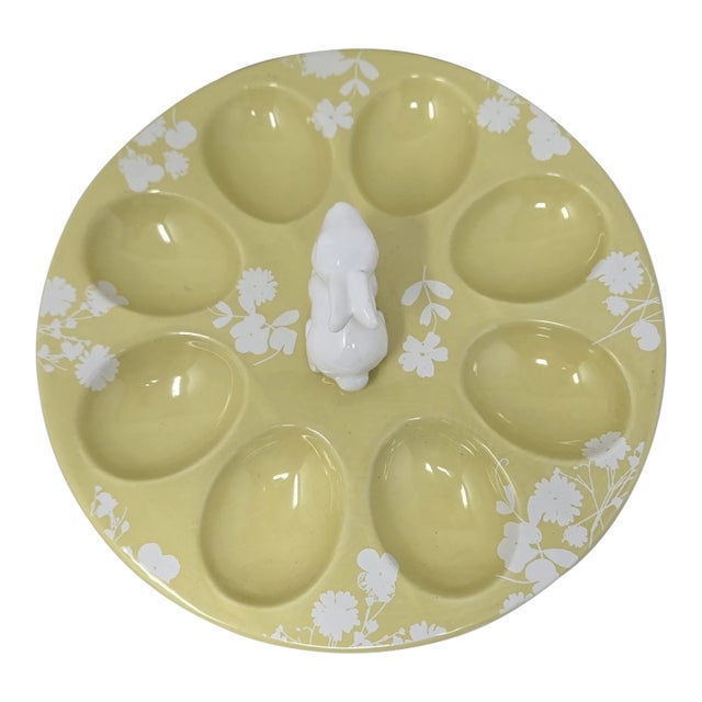 Vintage Yellow White Floral Bunny Rabbit Deviled Egg Plate For Sale