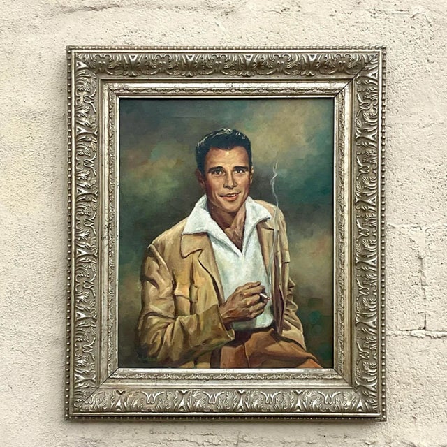 Vintage MCM Original Oil Portrait of Handsome Man For Sale In West Palm - Image 6 of 10