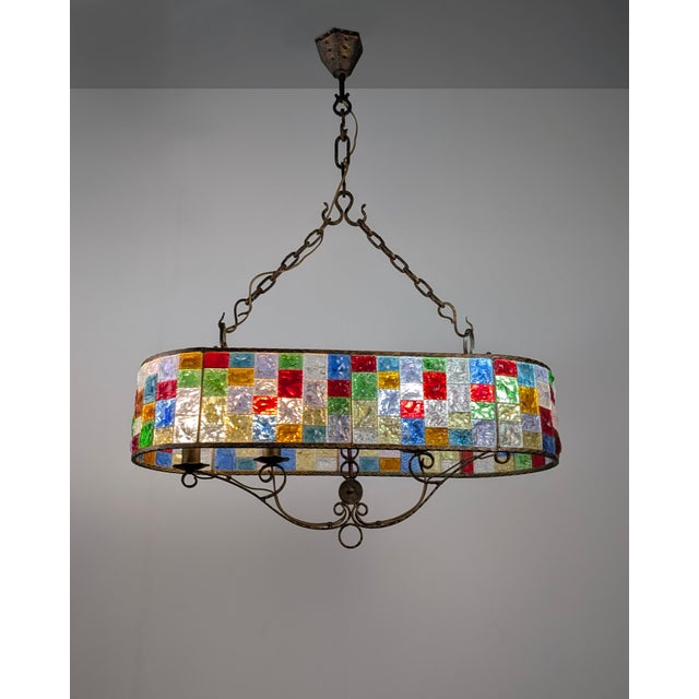 Large Italian brutalist style lamp made with beautiful thick hammered crystals of different sizes and colors along with a...