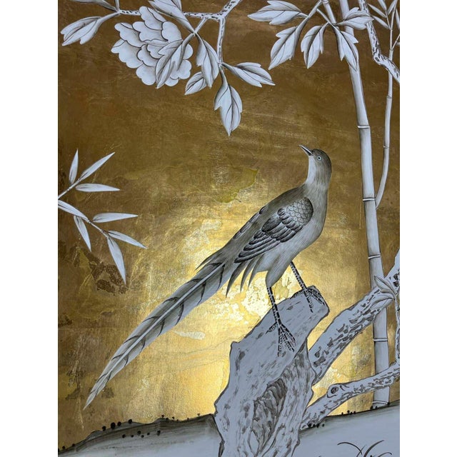 Chinoiserie Set of 3 Hand Painted Gold Leaf Chinoiserie Wallpaper Panels, Monochrome Bird & Bamboo Floral Mural, Custom Size Available For Sale - Image 3 of 9