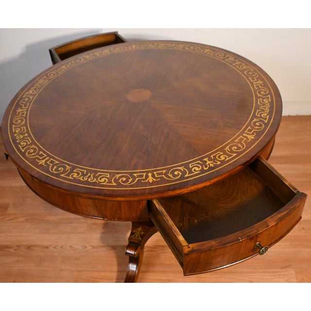 19th English Regency Rosewood Center Accent Table Brass Inlaid Top 2 Drawers For Sale - Image 11 of 16