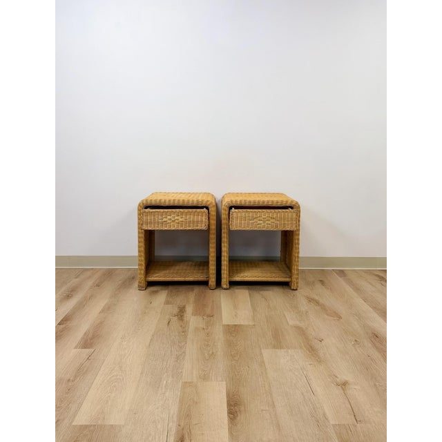 Beige Pair of Vintage Wicker Arched Nightstands Coastal Regency Bedside Tables For Sale - Image 8 of 12