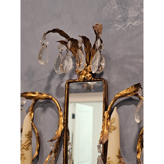 Pair of Vintage Parcel-Gilt and Metal Two-Light Sconces For Sale - Image 4 of 5
