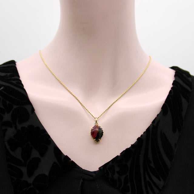 14k Gold Watermelon Tourmaline Carved Leaf Pendant For Sale In Los Angeles - Image 6 of 9