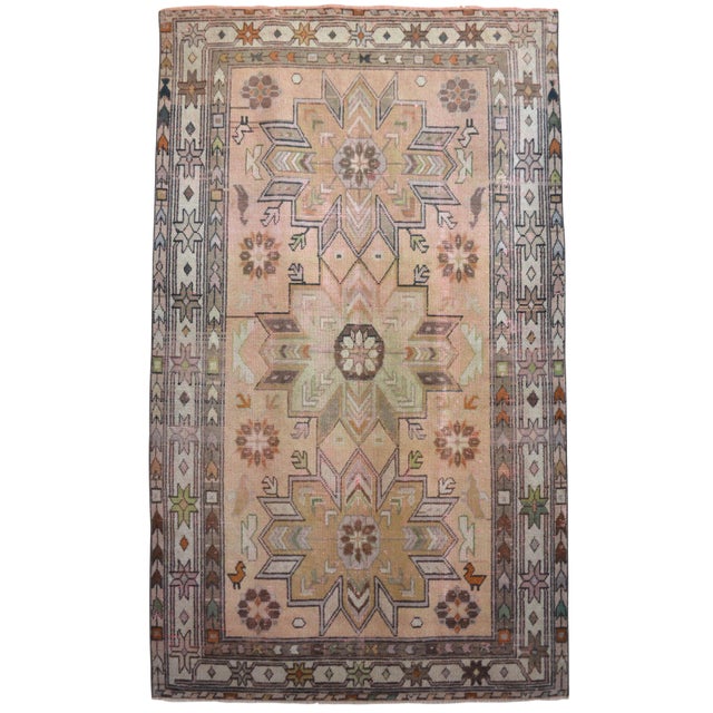 Distressed Turkish Rug Hand Knotted Vintage Oushak Area Rug - 4′ × 6′10″ For Sale