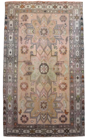 Distressed Turkish Rug Hand Knotted Vintage Oushak Area Rug - 4′ × 6′10″