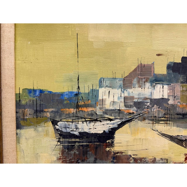 Mid-Century Modern Vintage Midcentury Harbor Scene Signed Collins For Sale - Image 3 of 8
