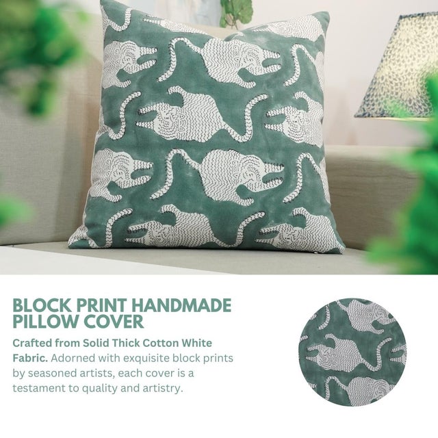 Bottle Green Fabdivine Handmade Block Print Thick Cotton White Throw Pillow Covers 22x22inches-Mushak Raaj Design For Sale - Image 8 of 9