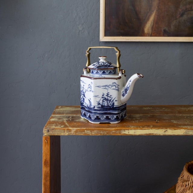 1960s Chinoiserie Nautical Maritime Earthenware Teapot With Blue Nautical Ships For Sale - Image 10 of 16