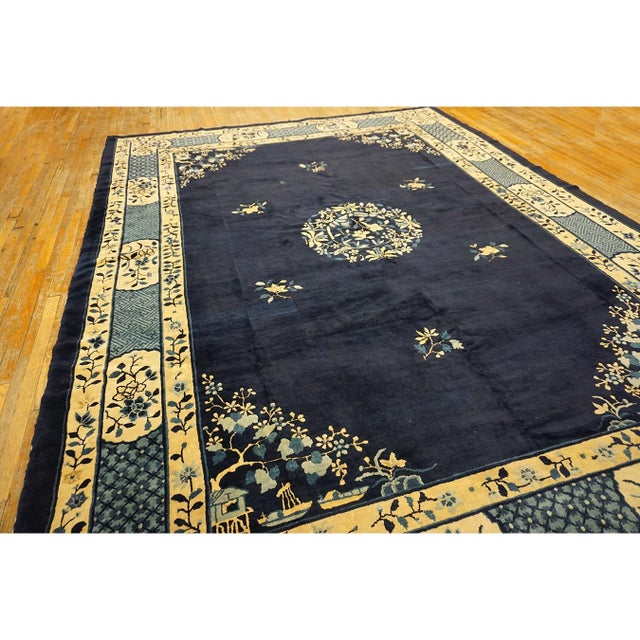 Navy Blue 1900s Blue Classic Greek Key Swastika Anitque Chinese Peking Wool Room Size Rug For Sale - Image 8 of 10