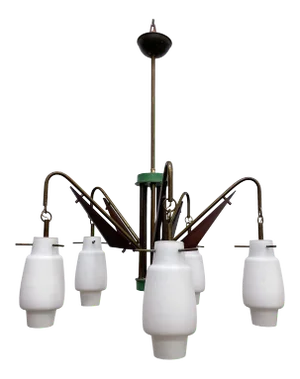 1950s Stilnovo Five Arm Italian Chandelier Brass Opaline