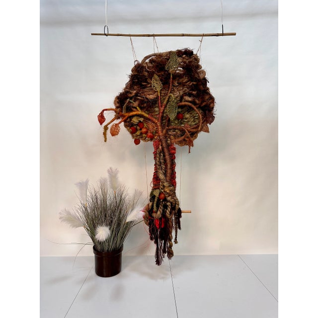 Wood Large Hand-Woven Apple Tree Macramé Art Wall Hanging in Coconut Fibers with Pinewood Details, West-Germany, 1970s For Sale - Image 7 of 18