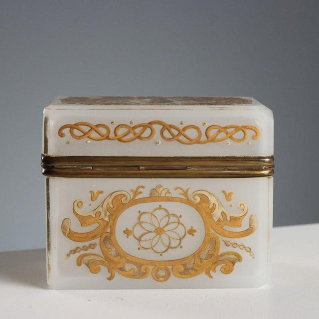 Glass White Opal Glass Jewelry Box with Gilt Enamel For Sale - Image 7 of 10
