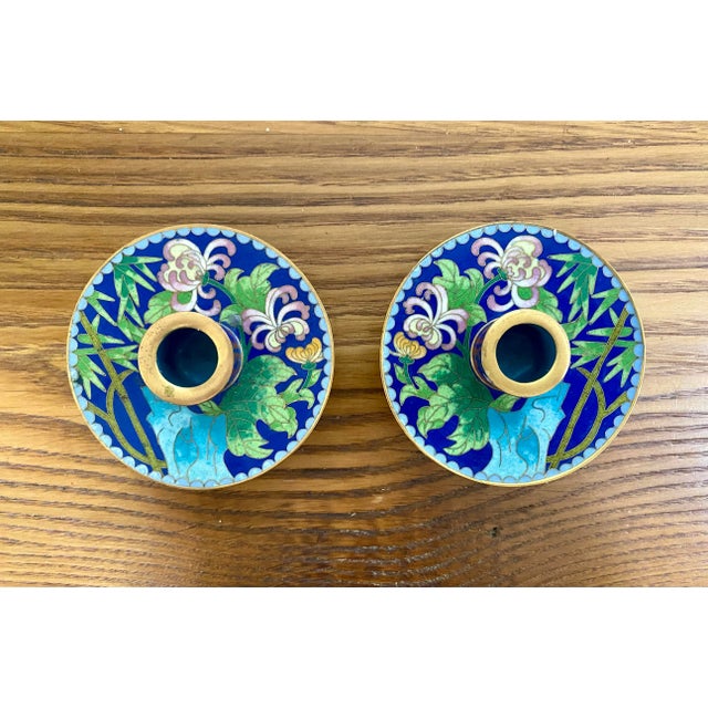 Vintage Blue Cloisonne Candlesticks - a Pair For Sale - Image 4 of 9