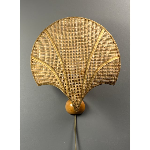 Vintage Italian Rattan Wicker Pine and Brass Scallop Wall Sconces, 1970s, Set of 2 For Sale - Image 6 of 18