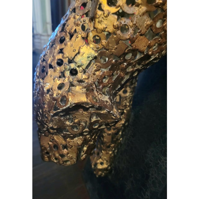 1990s Large Scale Geometric Metal Gold Patina Pouncing Leopard Sculpture on Black Plinth For Sale In West Palm - Image 6 of 9