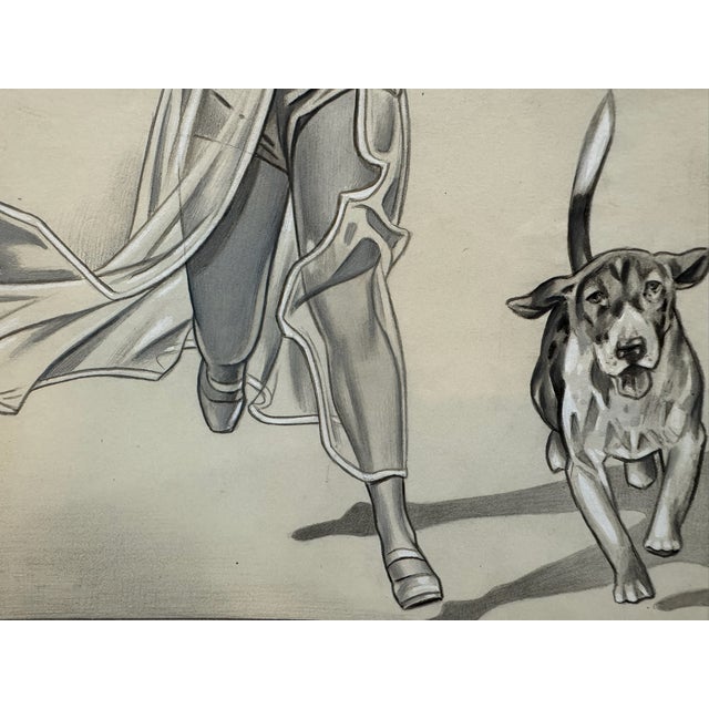 American 1940s Original Signed Graphite Illustration of Woman Running With Dog, 11 X 8.5 In. For Sale - Image 3 of 5