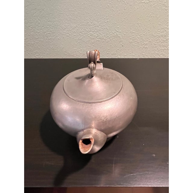 Art Deco Vintage 1936 Swedish Art Deco Pewter Teapot Gab Rattan Handle Scandia Metalware For Sale - Image 3 of 6