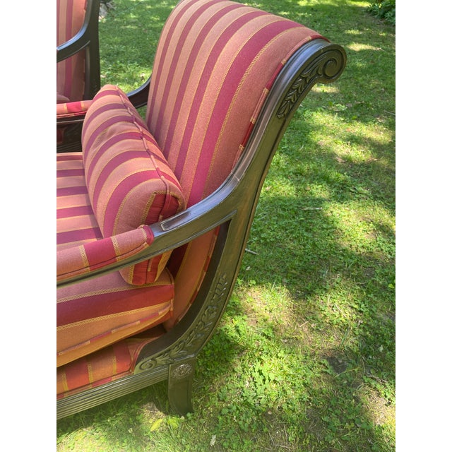 Ethan Allen Newport Neoclassical Empire Lounge Armchairs Set of 2 Burgundy Gold Striped For Sale - Image 11 of 12