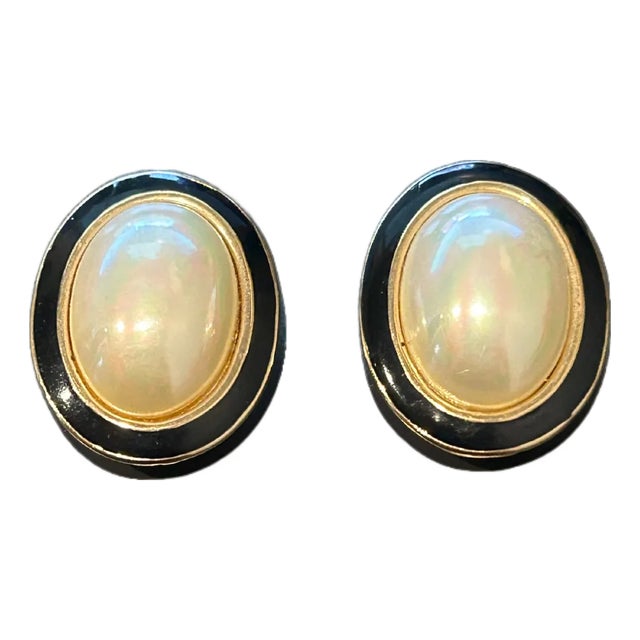 Vintage Carolee Gold-Tone & Black Enamel Clip-on Earrings With Faux Pearl Cabochons, A Pair For Sale