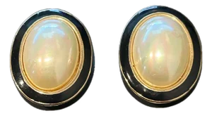 Vintage Carolee Gold-Tone & Black Enamel Clip-on Earrings With Faux Pearl Cabochons, A Pair