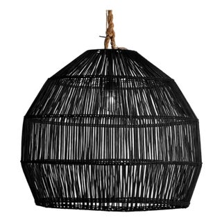 Organic Modern Black Rattan & Rope Pendant Light For Sale