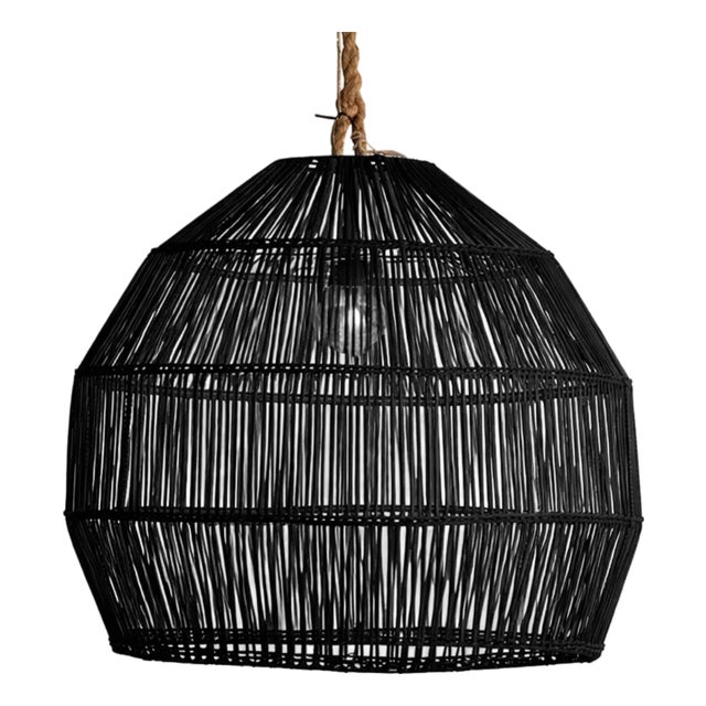 Organic Modern Black Rattan & Rope Pendant Light For Sale