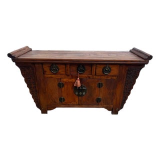 Antique Chinoiserie Style Elm Wood Carved Butterfly Altar Sideboard. For Sale