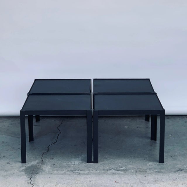 Pion' Black Leather and Patinated Brass Occasional Tables by Design Frères - Set of 4 For Sale In Los Angeles - Image 6 of 12