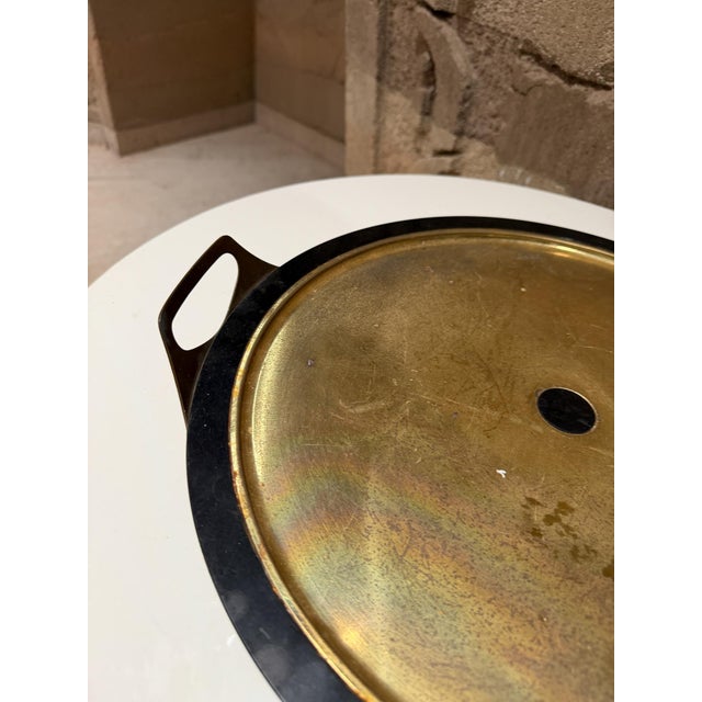 For your consideration, a vintage Mid-Century Modern casserole server or service tray, likely made of brass-toned metal...