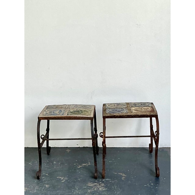Vintage Italian Distressed Wrought Iron and Ceramic Tile Tables For Sale - Image 12 of 18