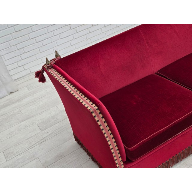 1970s, Danish 3-seater drop arm "Spanish" sofa. Original red furniture velour, ash wood legs, springs in the seat...