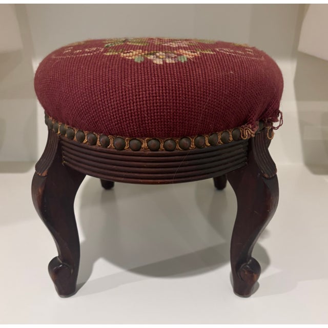 Wood Antique Needlepoint Footstool For Sale - Image 7 of 16
