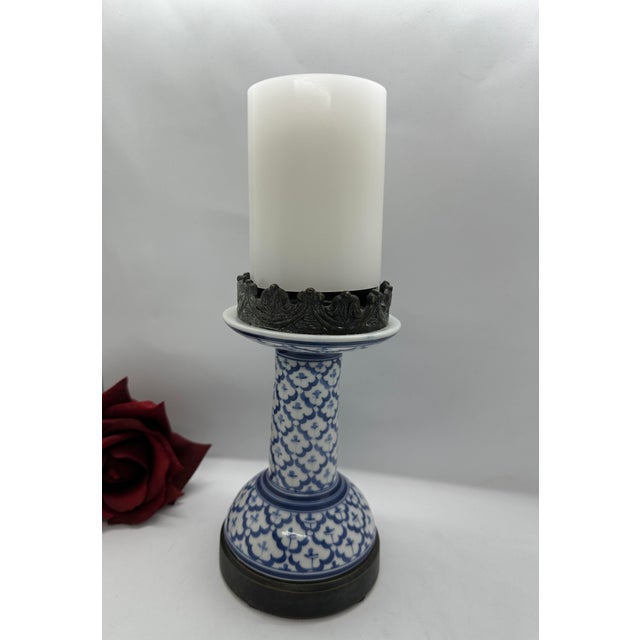 Mid-Century Modern Vintage Thai Blue & White Porcelain Candlestick Holders - Set of 3 For Sale - Image 3 of 5
