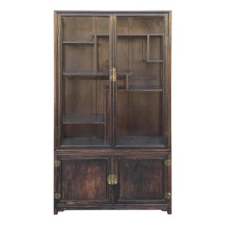 Vintage Dark Brown Oriental Treasure Glass Doors Display Curio Stack Cabinet For Sale