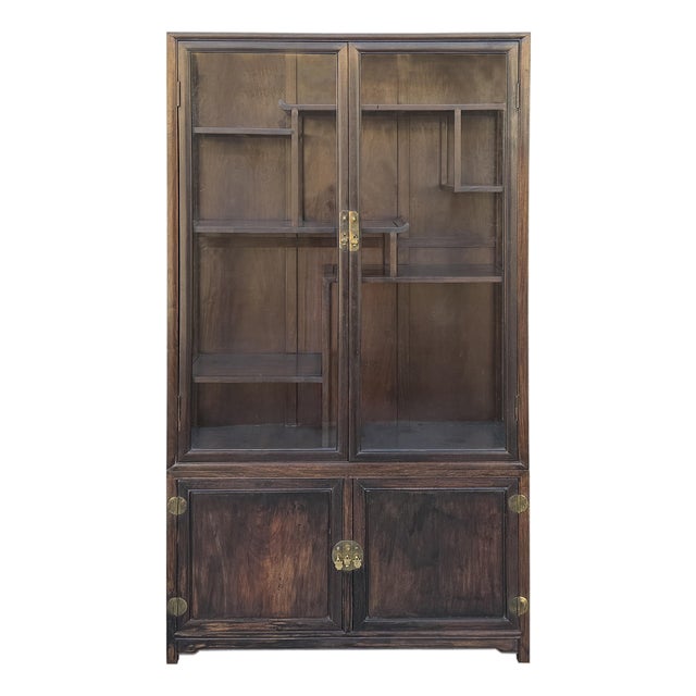 Vintage Dark Brown Oriental Treasure Glass Doors Display Curio Stack Cabinet For Sale