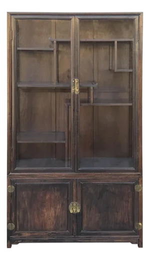 Vintage Dark Brown Oriental Treasure Glass Doors Display Curio Stack Cabinet