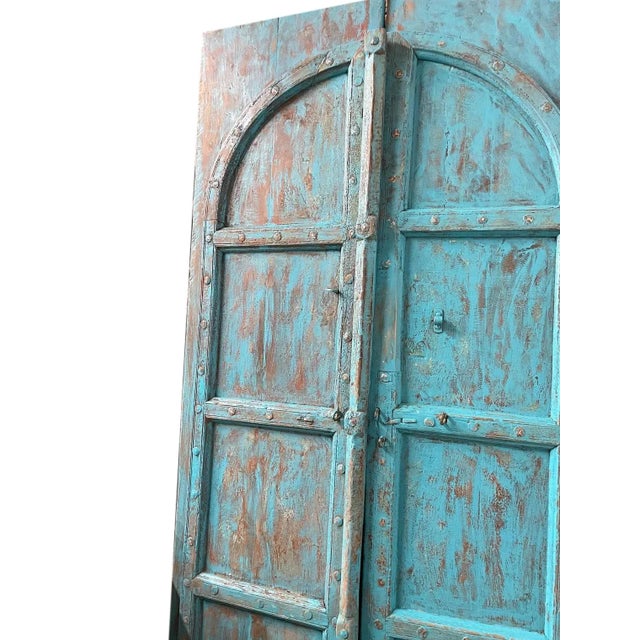 Traditional Antique Turquoise Indian Arched Mehrab Painted Teak Wood Doors 87 For Sale - Image 3 of 5