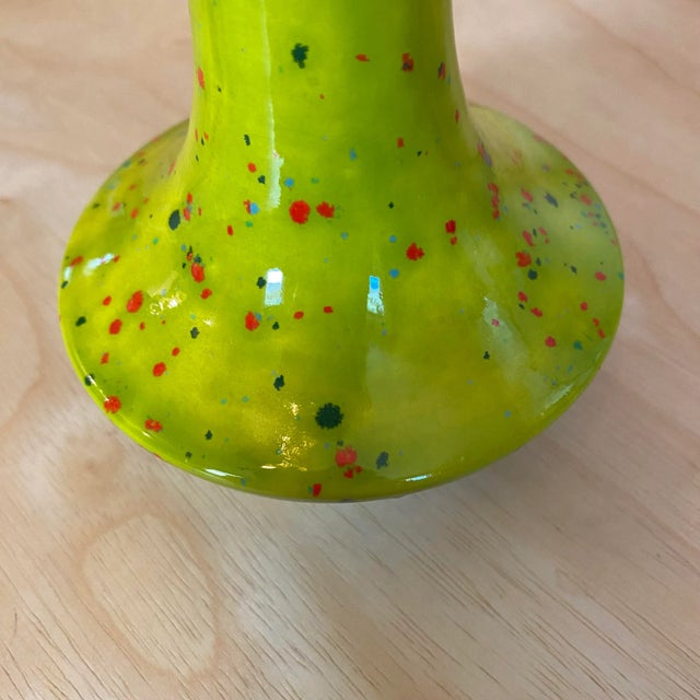 Ceramic 1972 Signed Atomic Glazed Neon Lime Green Speckled Ceramic Vase For Sale - Image 7 of 12