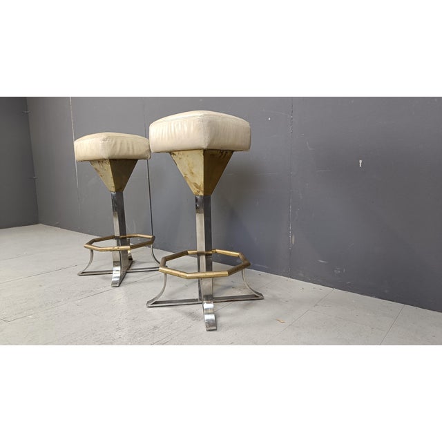 Beige Set of Brass and Chrome Bar Stools, 1970s For Sale - Image 8 of 15