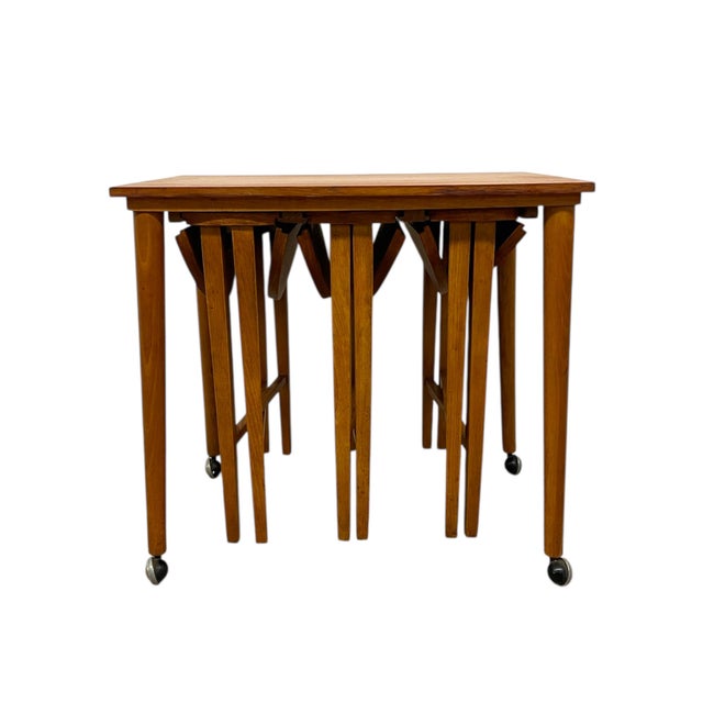 Vintage Mid-Century Modern Nesting Table Set With Three Round Stowaway Stools/Tables on Casters - Uk Import For Sale - Image 10 of 11