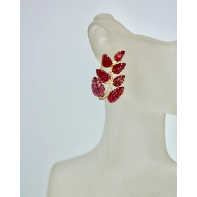 Contemporary Rubellite Carved Leaf 14k Earrings - 2 Pieces For Sale - Image 3 of 5