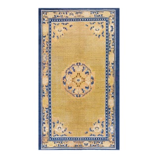 1800s Mustard Yellow Medallion Antique Chinese Ningxia Kang Rug 6' X 10'3" Handknotted Wool Carpet For Sale